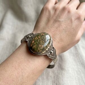 Large Unakite Oval Jasper Stone 1.5 inch 925 Filigree Bracelet 2.25 x 2 dIameter
